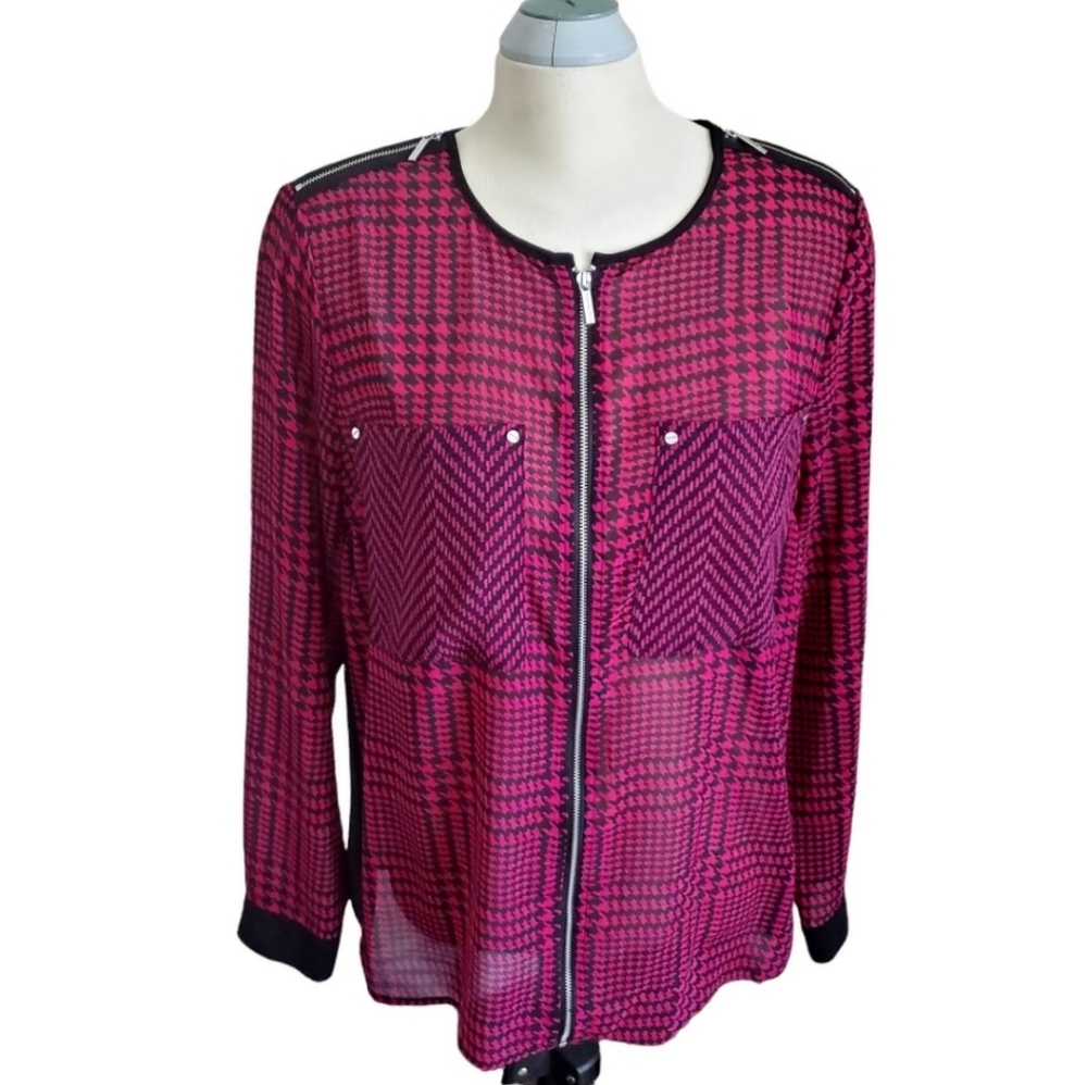 Michael Kors Houndstooth Print Front Zip Blouse